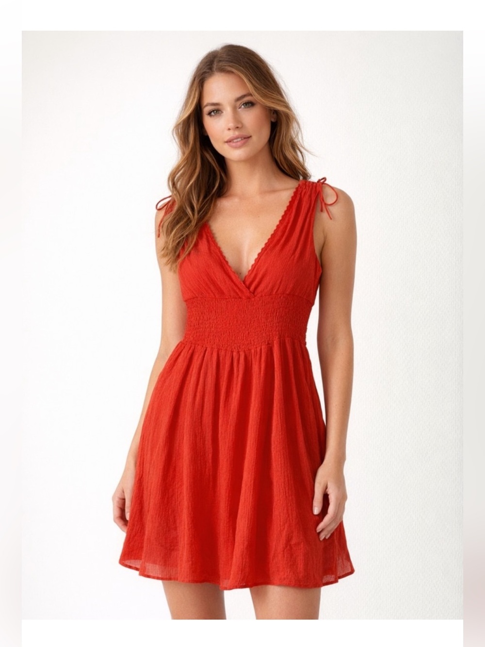 Maeve Anthropologie Red V-Neck Linen Tie-Shoulder Mini Dress